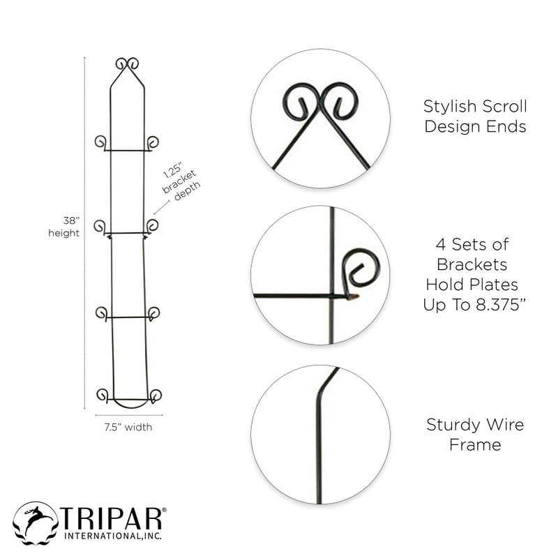TRIPAR Vertical Wall Plate Rack, Black Display (4 Tiers) - Lightweight & Durable - Contains 4 Non-Adjustable Brackets - Elegantly Display Plates, Tiles, Artwork, & More - Image 3